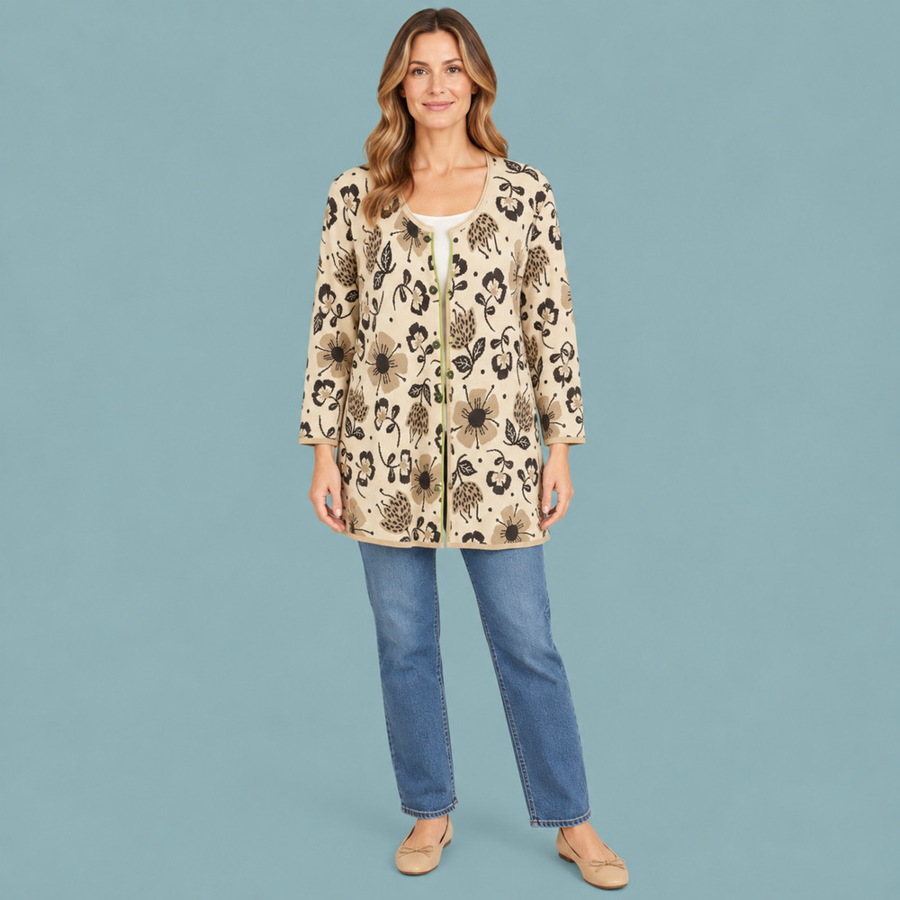 Gudrun Sjödén Large L Beige Brown Floral Button Organic Cotton Cardigan Sweater